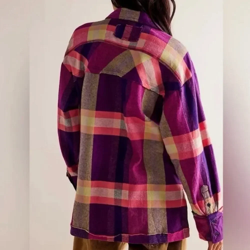 Free People We The Free So Long Summer Preppy Plaid Button Up Boho Flannel Top - Picture 3 of 7
